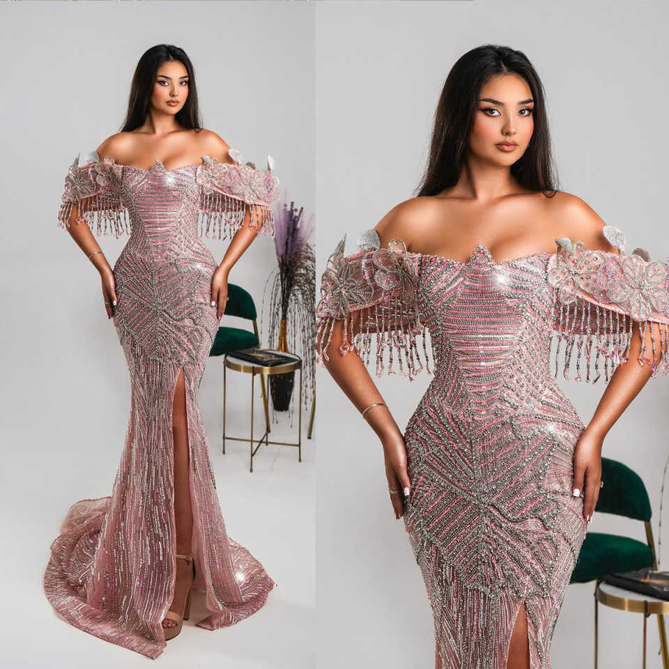 Vintage Beaded Tassels Prom Dresses Sexy Sequined Crystal Evening Dress Side Slit Floral Appliques Party Gown Customized