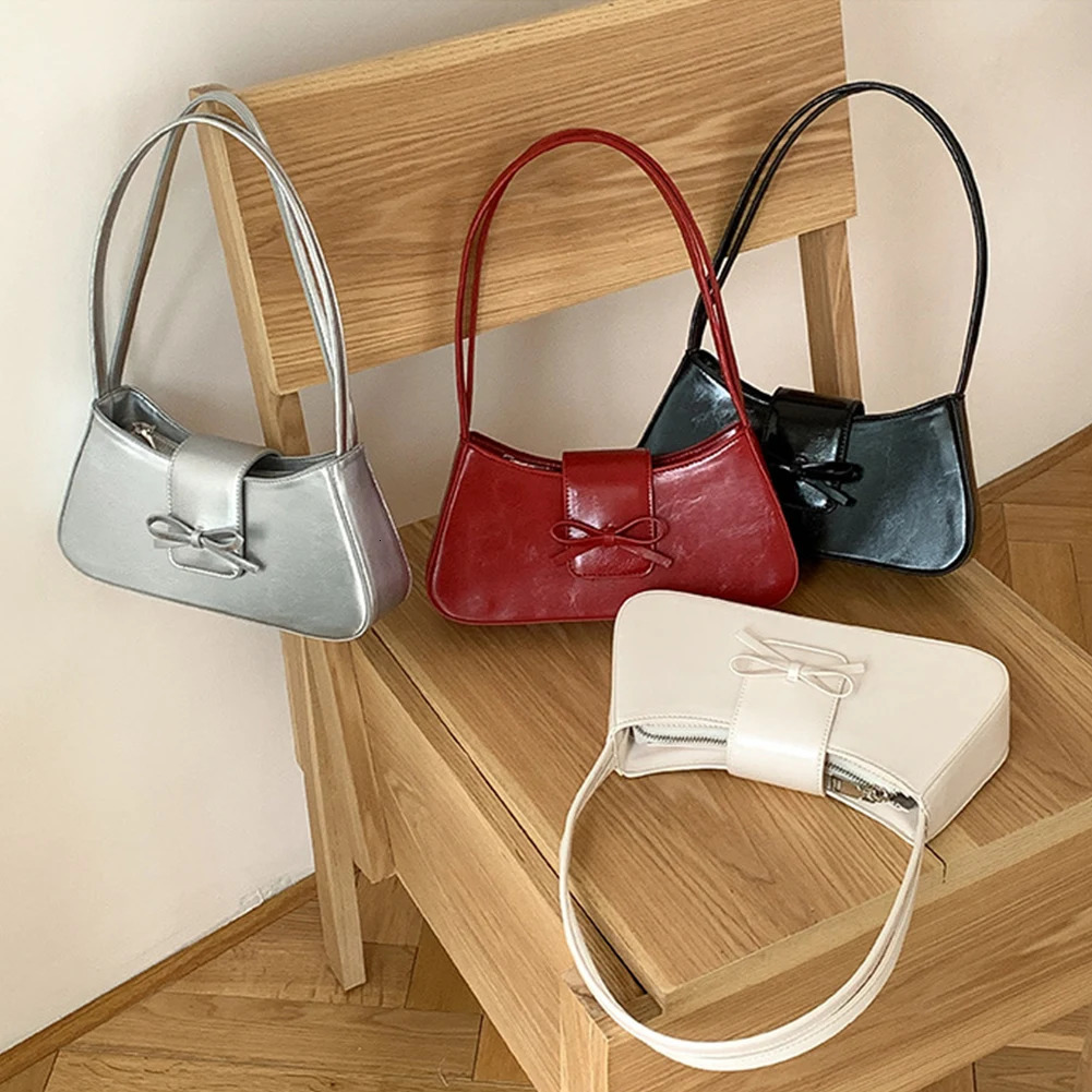 Sweet Bow Y2K Handbag PU Leather Underarm Pouch Women Retro Clutch Purse with Zipper Girls Causal Handbag Chic Top-Handle Bags 250614