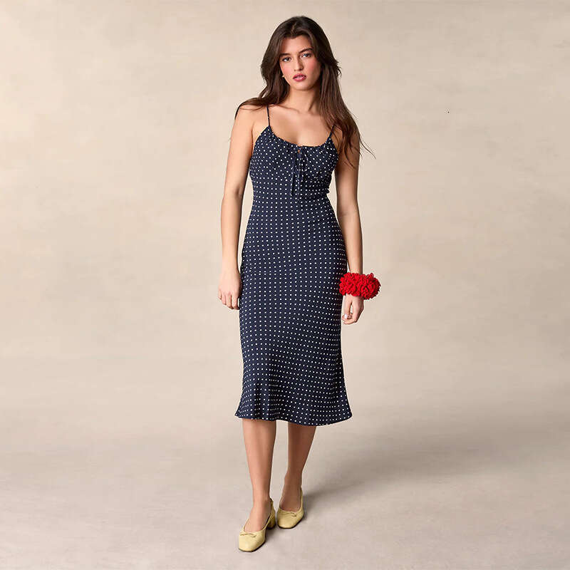 Womandress Fulllace Beach Dress Designer Dress 054 # Rayon Dark Blue Polka Dot Halter Neck Strap Dress 2025 Summer New French Style Womens Fashion