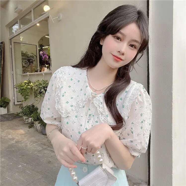 Womens Shirt Blouse Floral Clothes Printed Tops for Women Collar Cute and Elegant with Puffy Sleeves Sale of Korea Stylish M S
