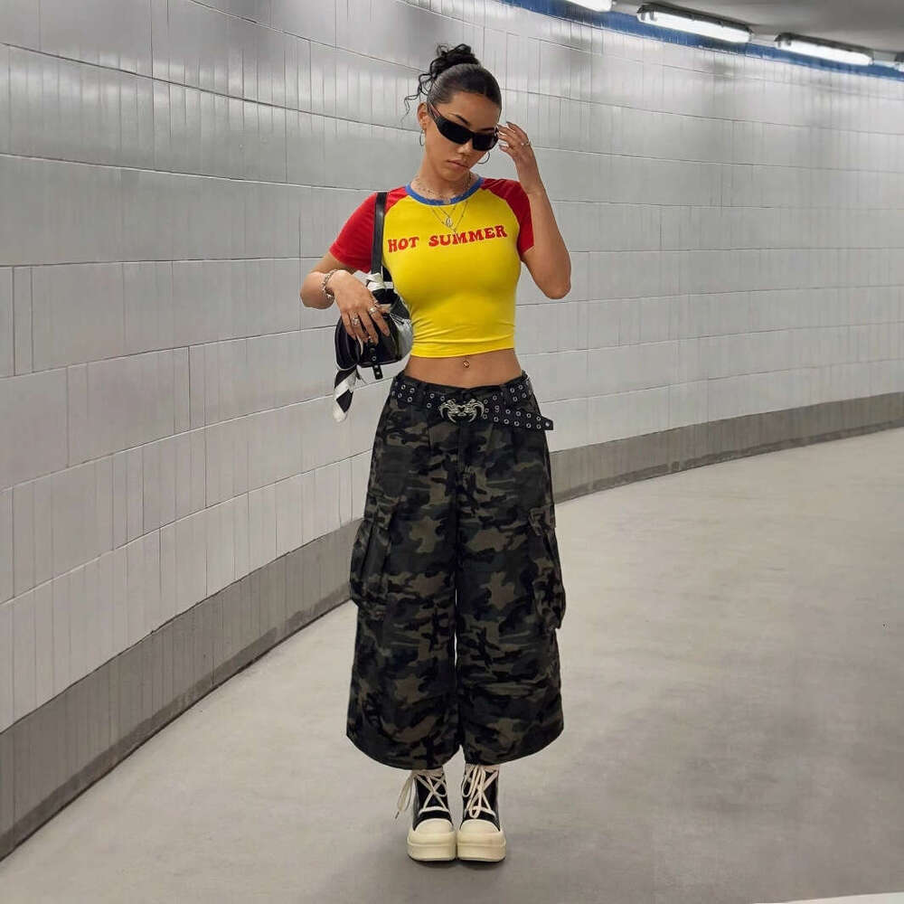 Summer New Hot Girl Letter Print Color Block Short Slim Fit Round Neck Pullover T-Shirt B5