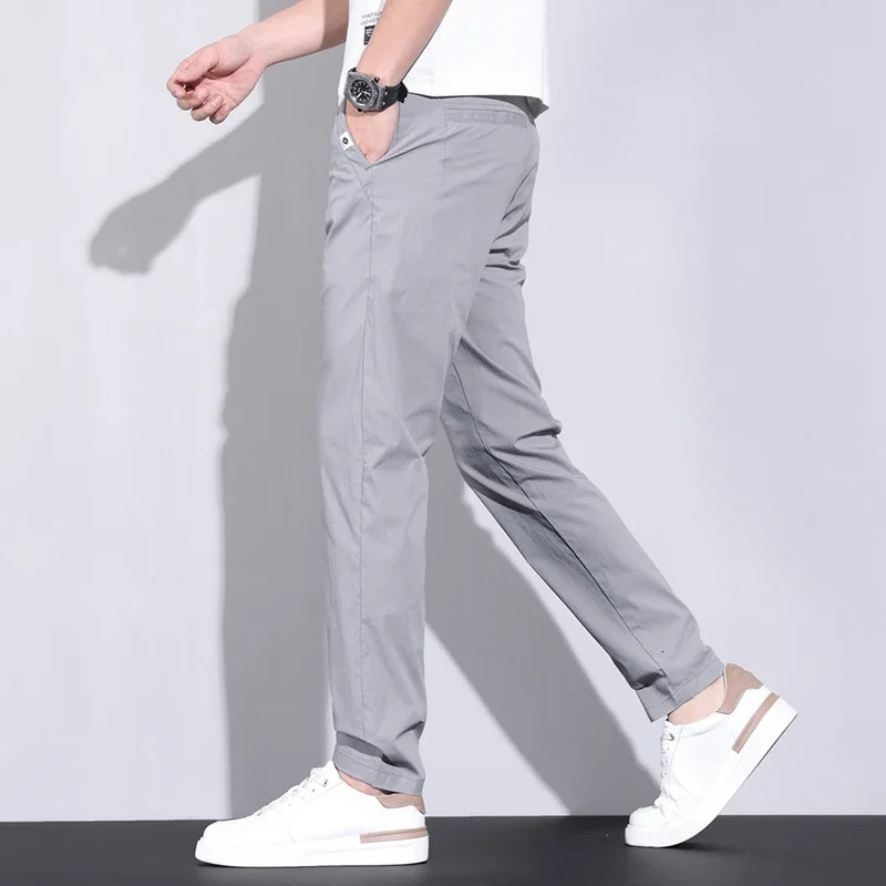 Ultra-thin Elastic Mens Casual Pants Summer Ice Silk Cotton Fashion Slim Straight Business Trousers Black Gray Khaki 250614