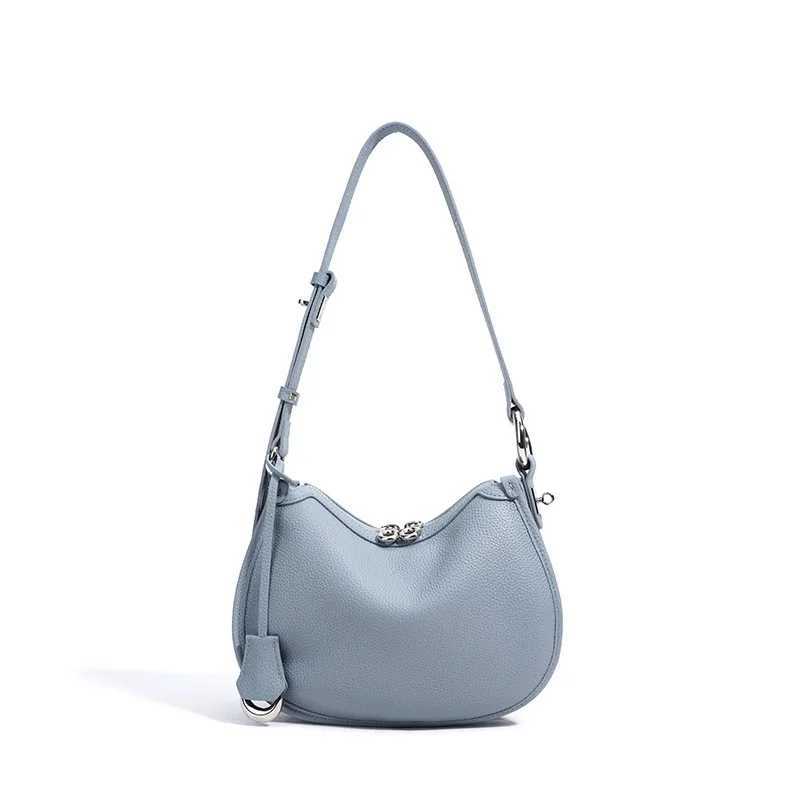 Top Layer Cowhide Underarm Shoulder Bag 2025 New Niche Design Minimalist Blue Fashionable Soft Leather Saddle Bag Z250617