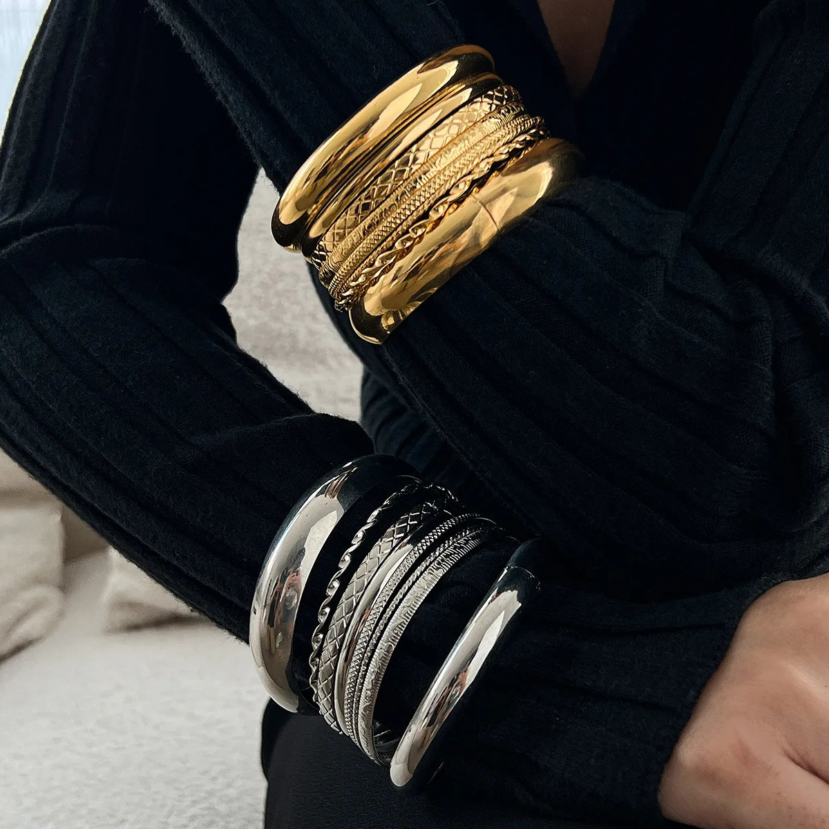 Stainless Steel Bracelets Set for Women Men Twist Texture Bangles Gold Silver Color Geometric Wide Bangles Aesthetic Jewelry 250616