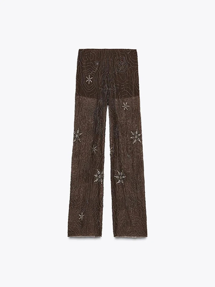 Bead Embroidery Sequin Women Pants Snowflake See Through Straight Thin High Waist Fashion Trousers 2025 Summer Street Party Pant 250616