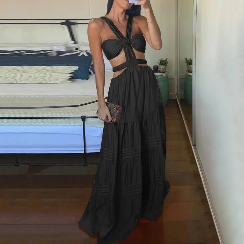 Wefads Women Long Dresses Summer Fashion Sexy Solid Strap Sleeveless Backless Lace Up Hollow Out Pleated Beach Party Dress 250616