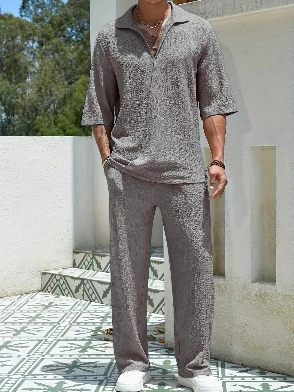 2025 Europe and the United States mens spring half-sleeve shirt pants solid color suit V-neck 250616