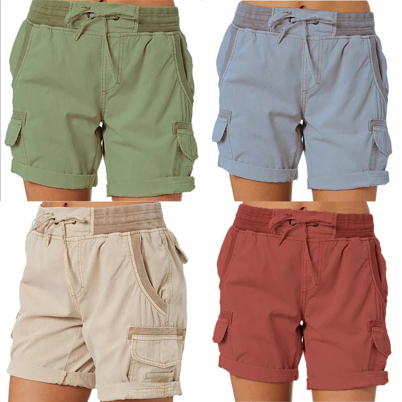 Women Shorts Cargo Pants Shorts Elastic Waist Short Pants Cotton Linen Pocket Summer Beach Solid Color Sliming Comfot Breathable 250614
