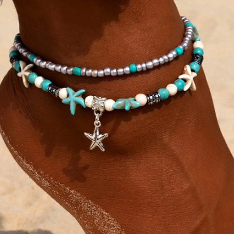 Beach Boho Wave Sea Star Dolphin Turquoise Bead Turtle Foot Chain Anklet For Women Jewelry 250606