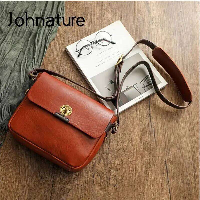 Johnature High Quality Genuine Leather Messenger Bag 2025 New Vintage Natural Real Cowhide Solid Color Women Shoulder Bags