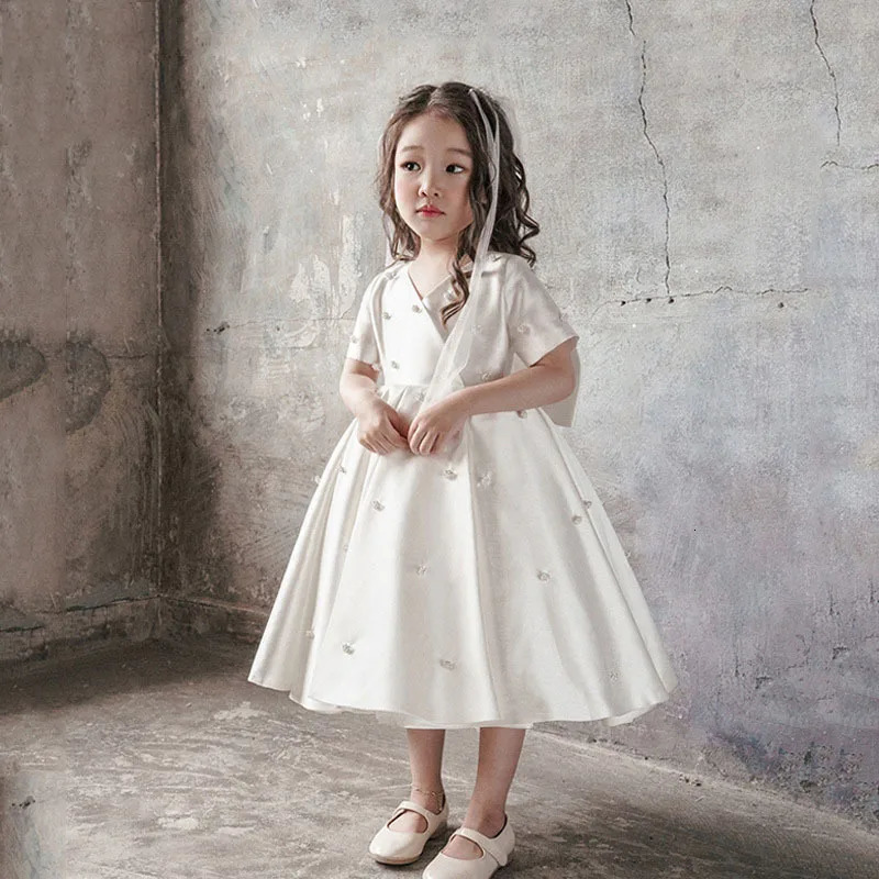 Baby Kids Princess Satin Bow Crystals Flower Girl Dress Children First Communion Dress Ball Gown Wedding Party Dress Birthday 250617