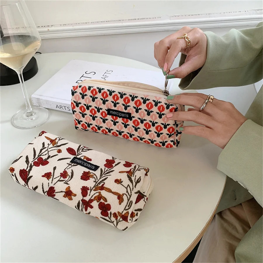 Cute Floral Corduroy Pencil Case Small Cosmetic Lipstick Travel Portable Storage Bag Stationery Pen Makeup Handbag Organizer 250614