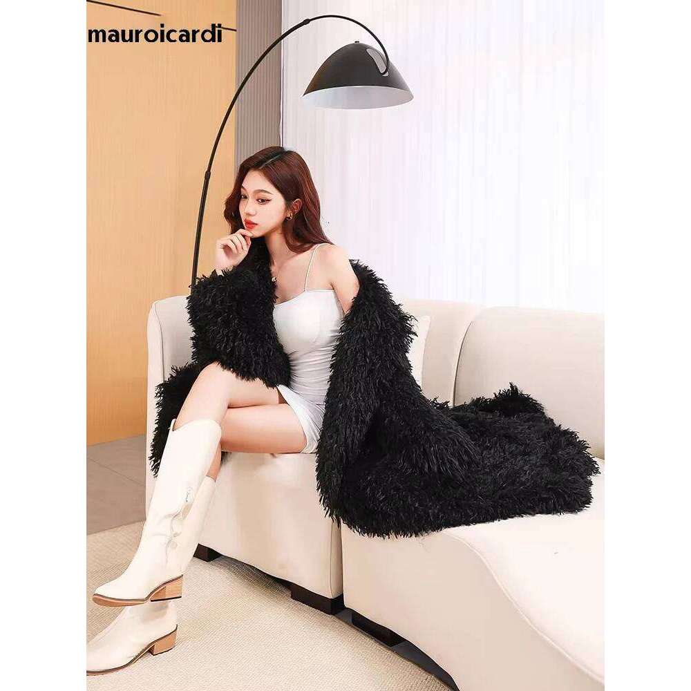 Mauroicardi Winter Extra Long Oversized Black Shaggy Hairy Fluffy Warm Thick Soft Maxi Fuzzy Faux Mongolian Lamb Fur Coat Women