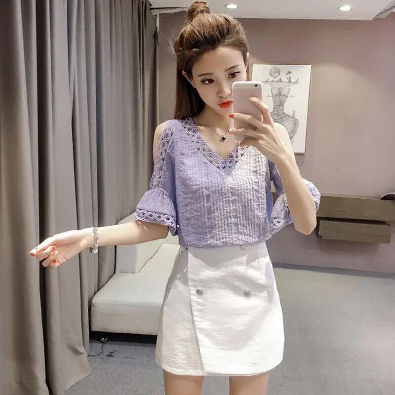 Woman Top Shirts Blouses for Women Sexy Half Sleeve Chiffon Cute and Elegant Clothing Trend 2025 Youthful Clothes Basic Social