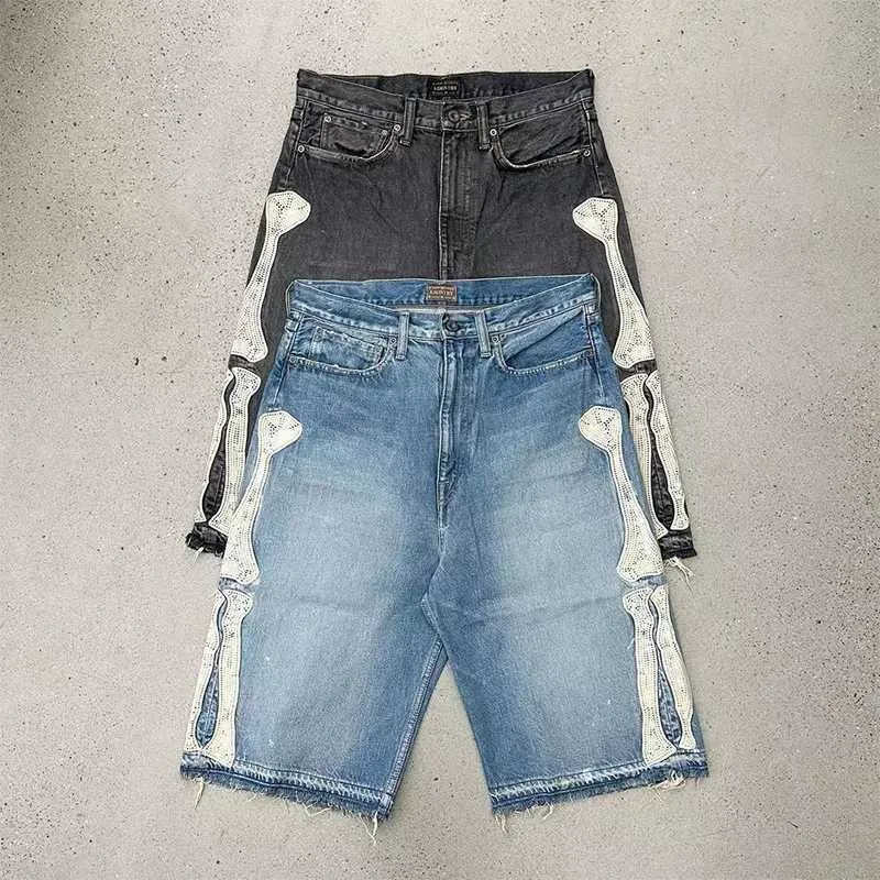 Mens retro rhinestone sequin denim shorts Y2K jeans hip-hop bag denim gym shorts casual basketball shorts W250410