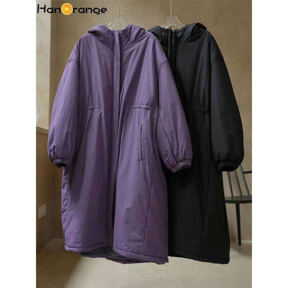 HanOrange 2024 Winter Casual Lazy Hooded Cotton-Padded Women Parkas Loose Fit Warm Zipper Long Coat Purple/Black
