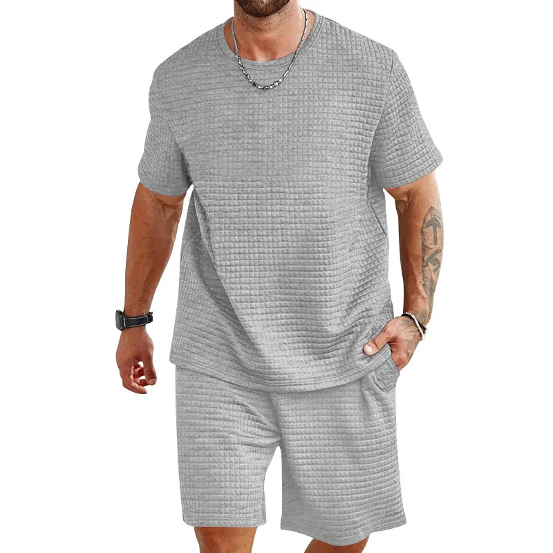 crossborder mens sports and leisure solid color round neck Tshirt shorts fashionable summer suit 250614