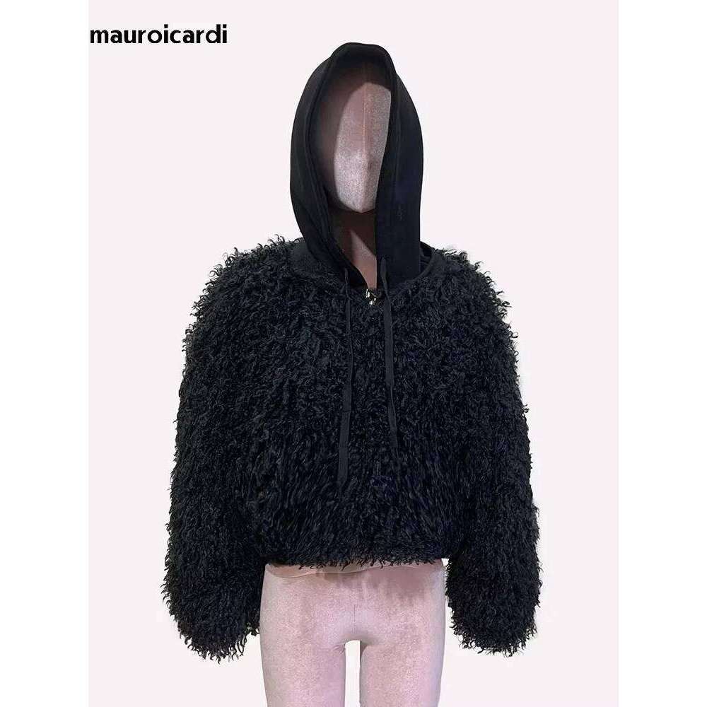 Mauroicardi Spring Winter Short Oversized Black Fuzzy Thick Warm Faux Fur Coat Women Fluffy Jacket Furry Hoodie Streetwear 2025
