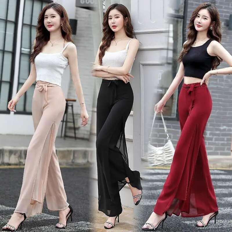 Flare Womens Pants Silk Chiffon Satin Ruffle Mesh Clothing Transparent Tulle Trousers for Women Slacks One Size Summer 90s G Xxl