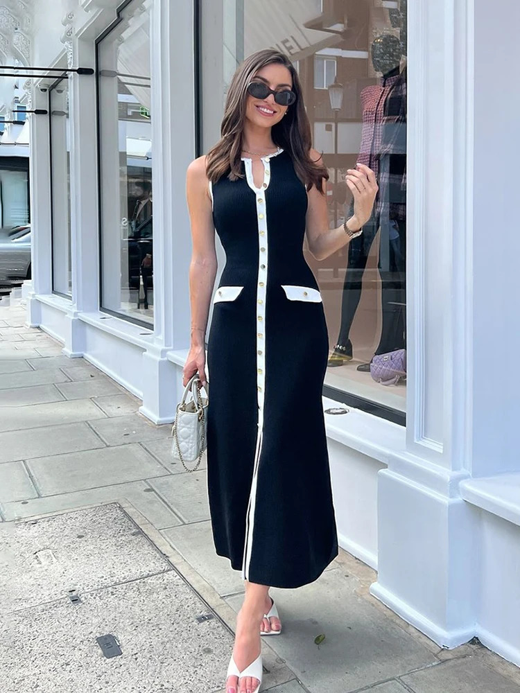 TARUXY Elegant Sleeveless Single-Breasted Ribbed Knitwear Long Dress For Women High Waist Bodycon Knitted Pocket Dress 250614
