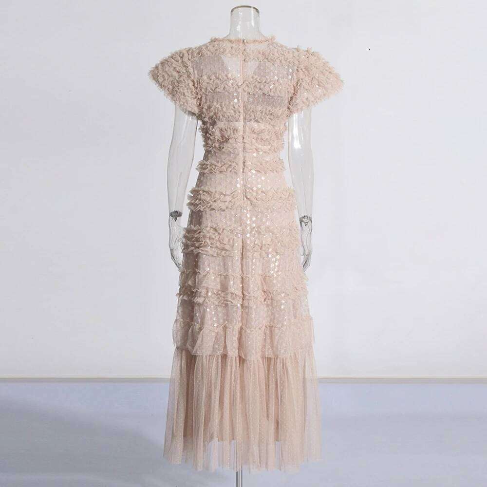 Designer Clothing 2025 Solid Spliced Lace Casual Dress For Women V Neck Short Sleeve High Waist Patchwork Mesh Elegant Dresses Female New
