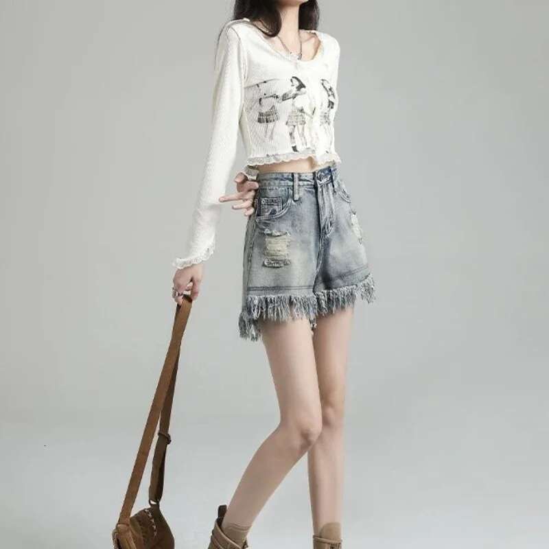 Summer High Waist Ripped Denim Shorts for Women Low Price Japanese 2000s Style Short Jean Pants Woman Design Elegant XL Jorts