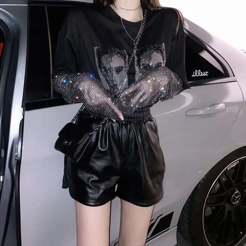 Rhinestone Pullovers Black Womens Sweatshirt Top Sequin Glitter High Quality Xxl Warm Korean Streetwear Y2k Emo Woman Clothing