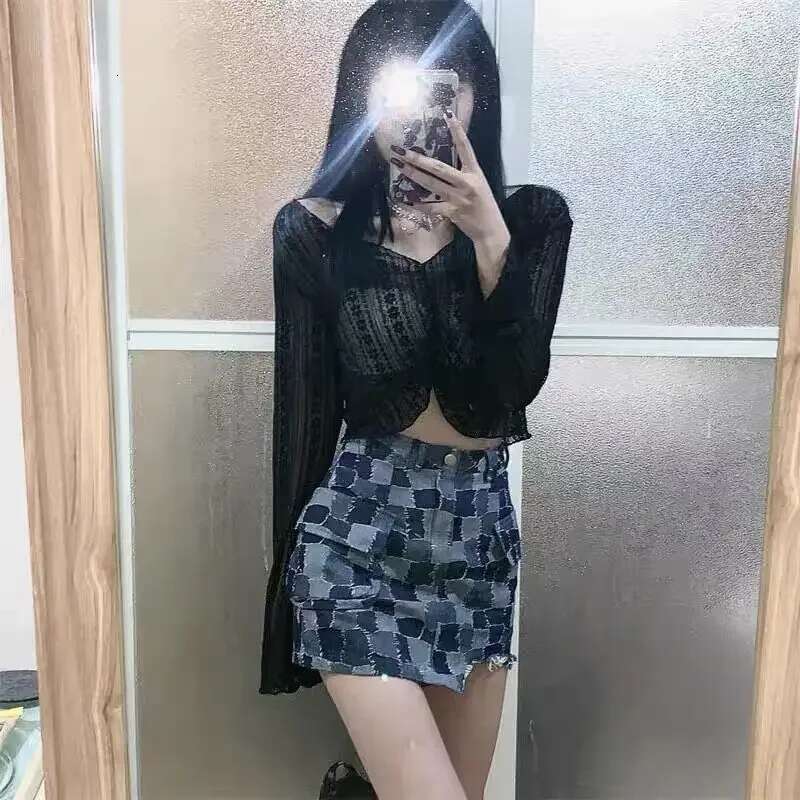 With Pocket Sexy Womens Denim Skirt Female Jeans Skirts High Waist Tight Short Coquette Mini Plaid Wrap Y2k Vintage Aesthetic V
