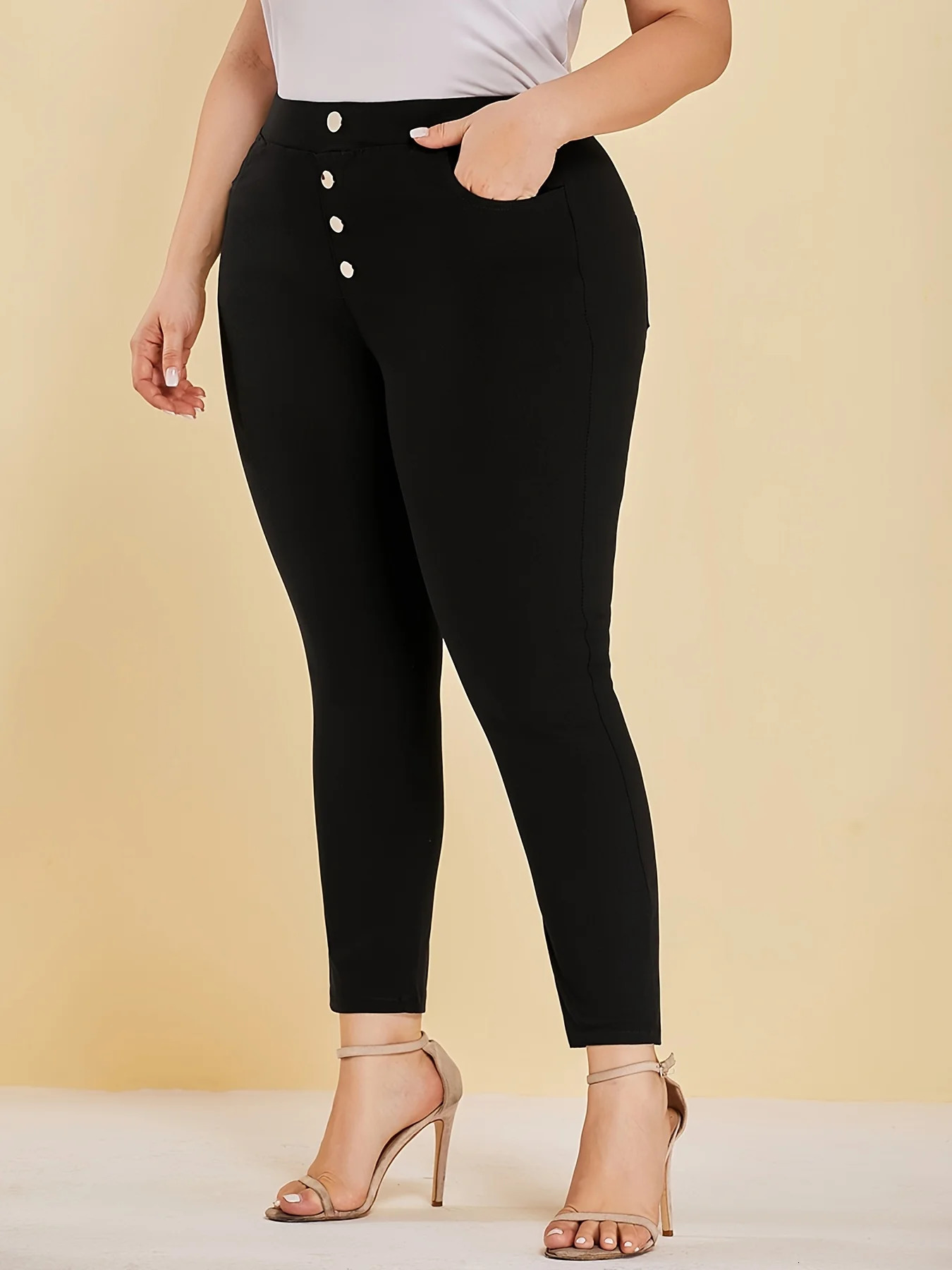 women plus size extreme waisthip style high elastic fabric button n yoga class pants ninequarter pants 250609