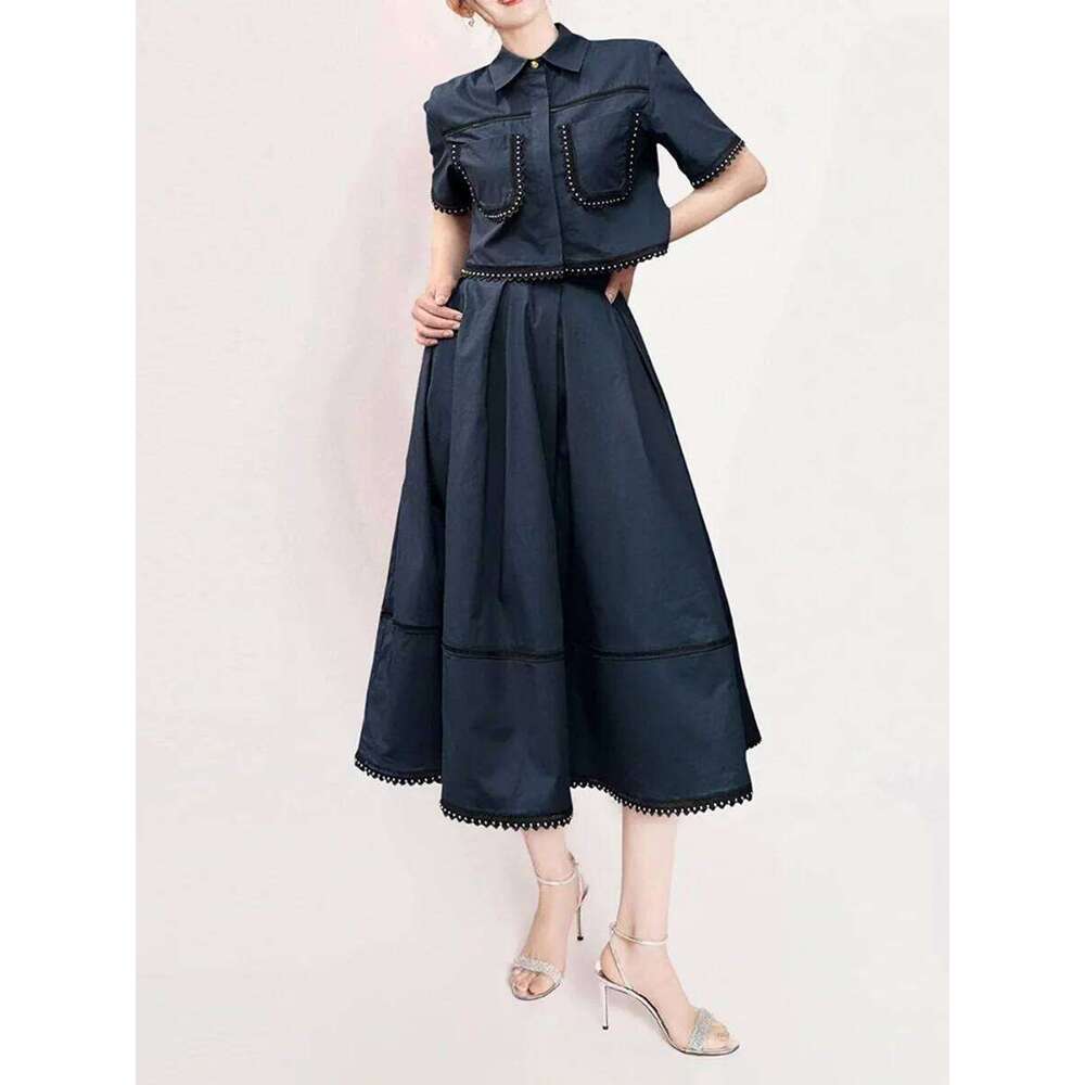 Designer Clothing 2025 Solid Two Piece Sets For Women Lapel Short Sleeve Shirt High Waist Spliced Folds Minimalist Set Female Fashion