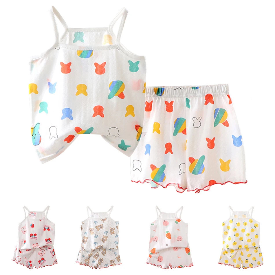 Summer Girls Sleeveless Childrens Pajamas Sets Strap Sleepwear Pants Skirt Thin Kids Baby Loungewear Set Childrens Top Clothes 250617