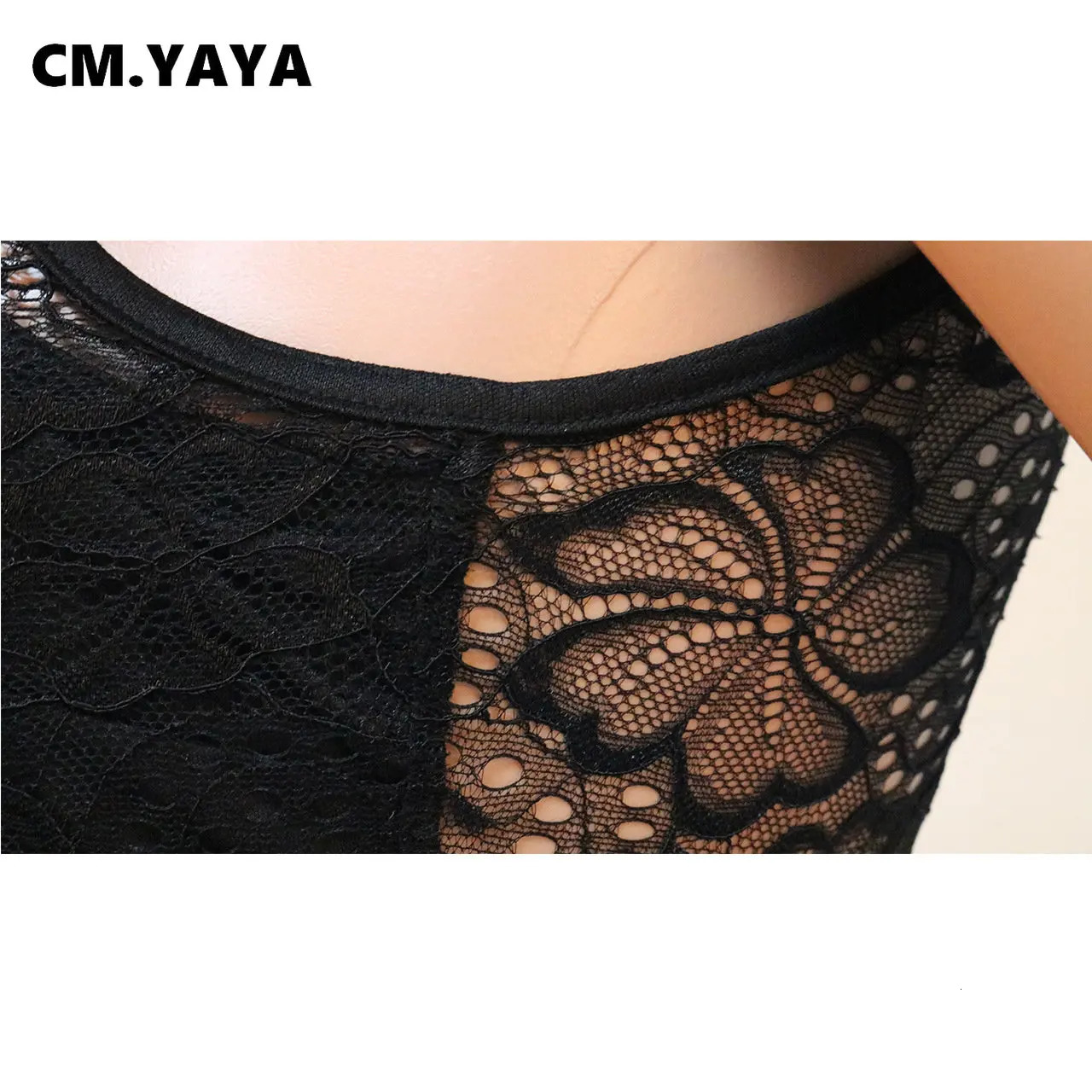 CM.YAYA Fashion Women Sleeveless Lace See Though Fur Side Skinny Stretchy Jumpsuit Streetwear Sexy One Piece Suit INS Playsuits 250616