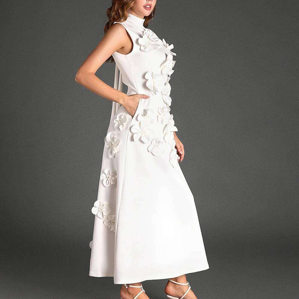 Designer Clothing 2025 Patchwork Appliques Dress For Women Stand Collar Sleeveless High Waist Elegant Spliced Lace Up Dresses Female New