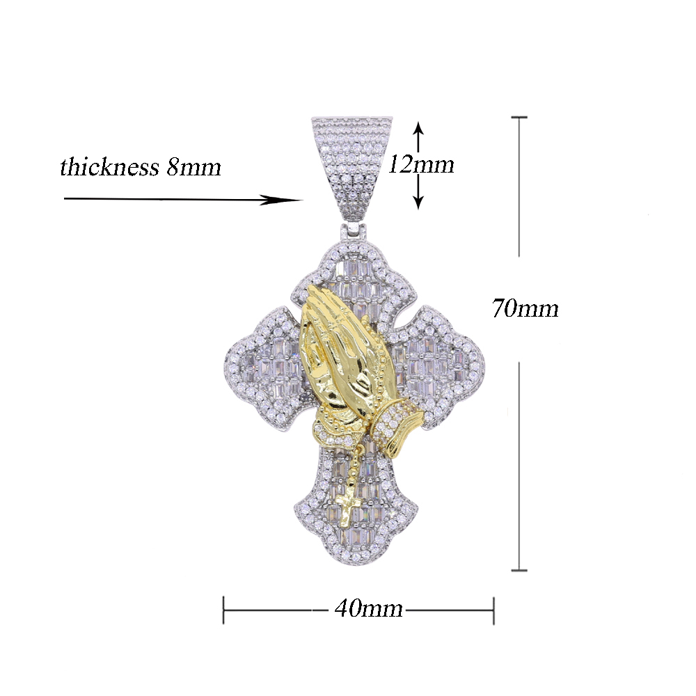sdzstone 2025 NEW fashion Iced Out Bling Cross Pendant Necklace Praying Hands Pendant Charm For Man Woman Jewelry