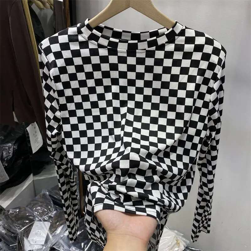 Plaid Clothing Long Sleeve T-shirt Woman Loose Womens Top Luxury New In Young On Sale Tees Offe Aesthetic Polyester O Pulovers