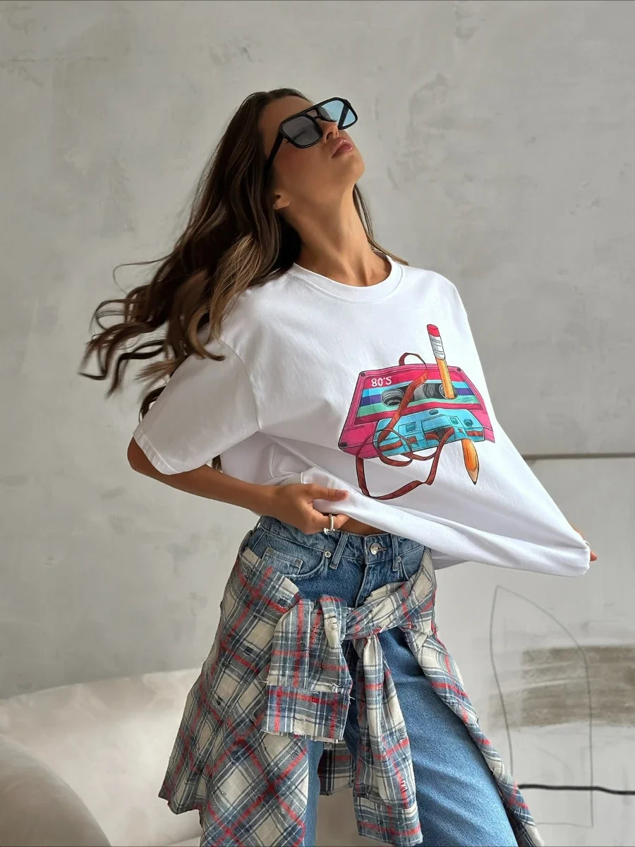 summer Womens Fashionable Printed T-shirt Casual Vintage Short-sleeve Printing T Shirts Fashion Hip Hop Loose Top 250617