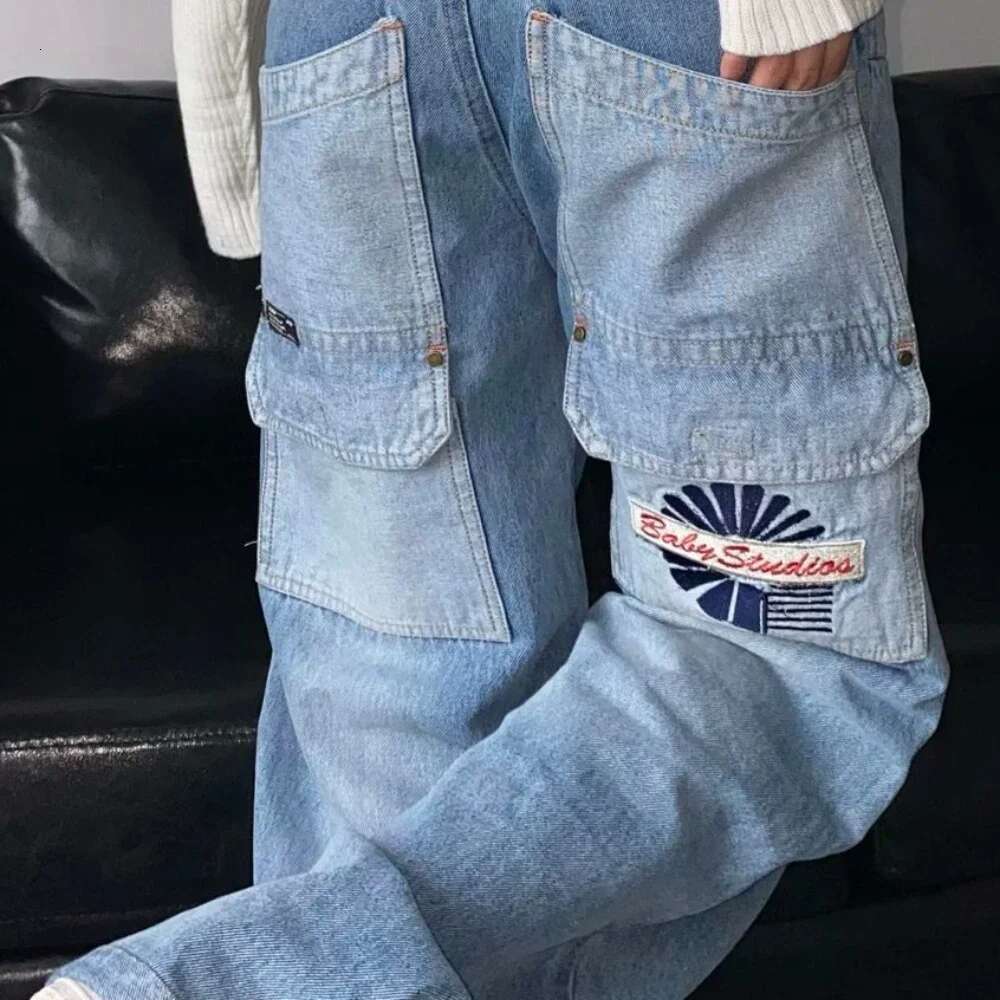 Pants for Women Letter Embroidered with Pockets Straight Leg High Waist Shot Womens Jeans Blue Trousers Streetwear Hippie Fitted