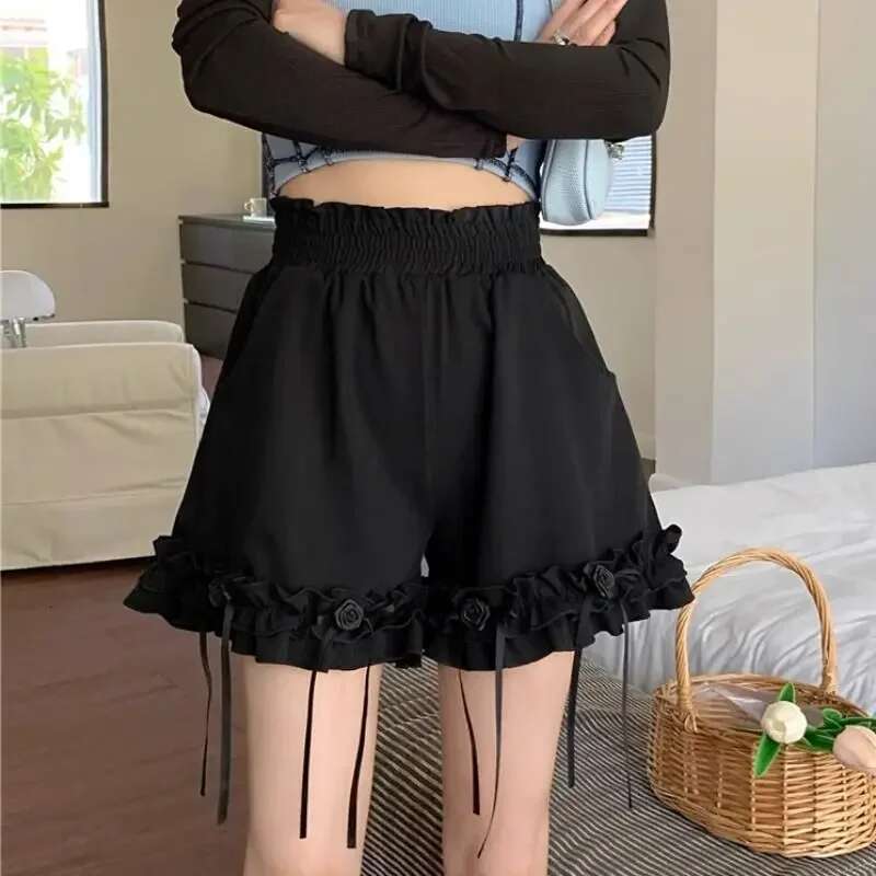 High Waist Wide Woman Short Pants Shorts for Women Black Ruffle Harajuku Fashion 2000s Clothes Y2k Jorts Normal Classic XL Hot