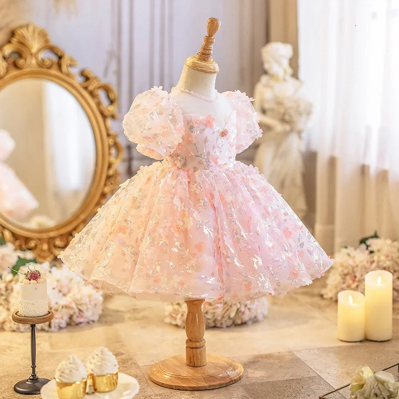 Pink Baby Kids Princess Tulle Bow Sequin Flower Girl Dress Children First Communion Dress Ball Gown Wedding Party Dress Birthday 250617