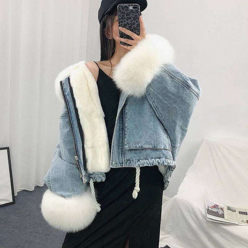 Outerwear Winter Warm Big fur collarPlus Veet Thick Korean Style Removable Loose Denim Women Jacket JK234