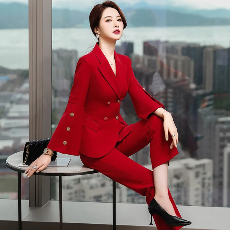 Fashion Red Pant Suits Women 2 Piece Set Spring Autumn Blazer Office Lady Business Work Uniform Outfits Formal Trousers Suit 250612