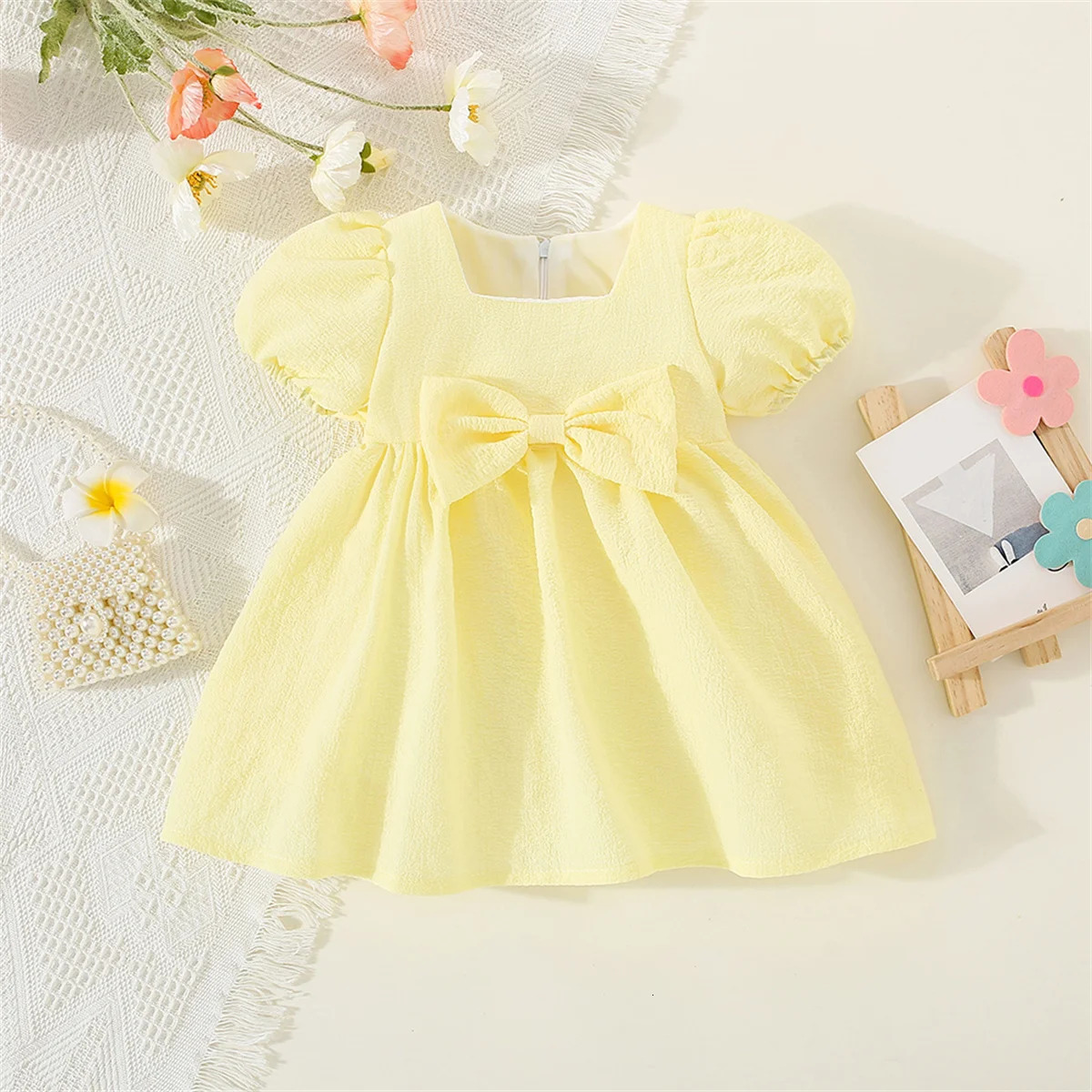 Summer Baby GirlS Dress Solid Color Round Neck Bow For Ladies Daily Wear Knee Length 250617
