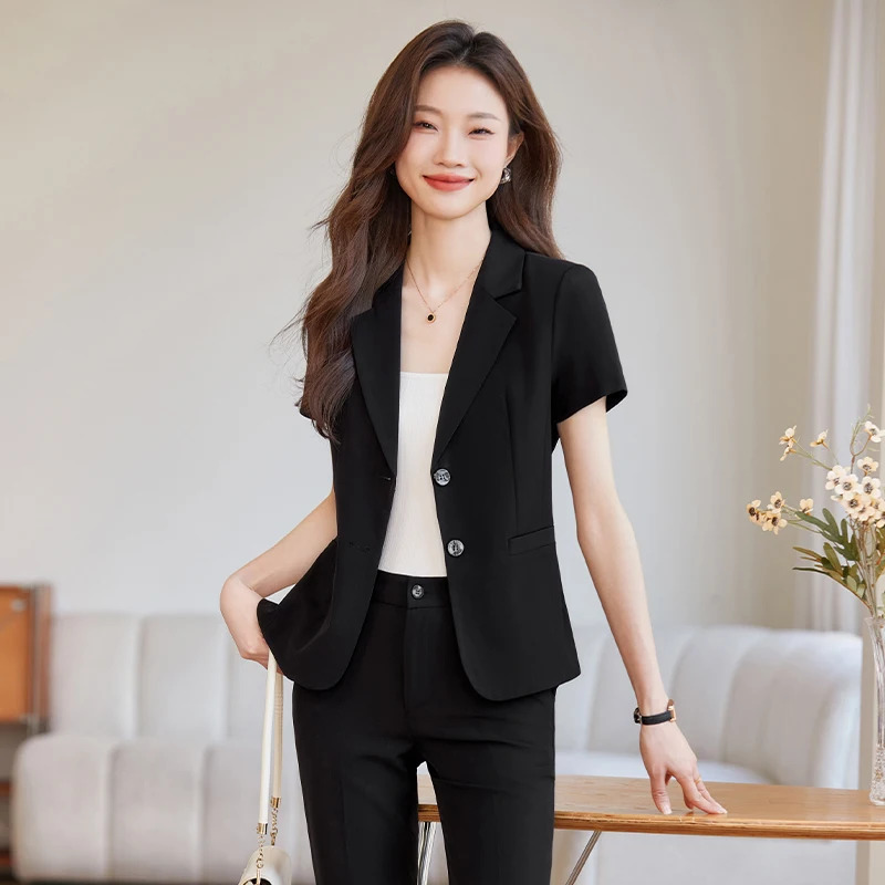 NAVIU Women Short Sleeve Suit Jacket Office Work Gray Blazer And Pants For Ladies Summer Slim Fit Formal Wear 250612