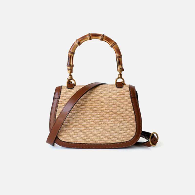 Genuine Leather Handbags For Women, Ladies Designer Handle Bags, Brandy Natural Bamboo Hand Bag, High Quality