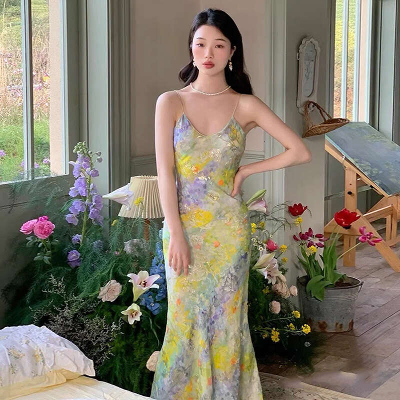 Bodysuit Birthday Dress Goth Dresses for Woman Party Women Dresses 836 Summer New 2025 Silk French Style Art Oil Painting Strap Long Vacation Dress