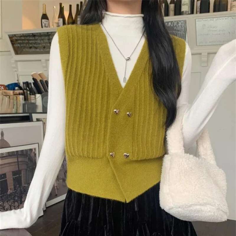 Winter Button Knitted Top for Women Brown V-neck Ladies Sweaters Vest Warm Thermal Blouse Tall Tops Crochet Trend 2025 Jersey