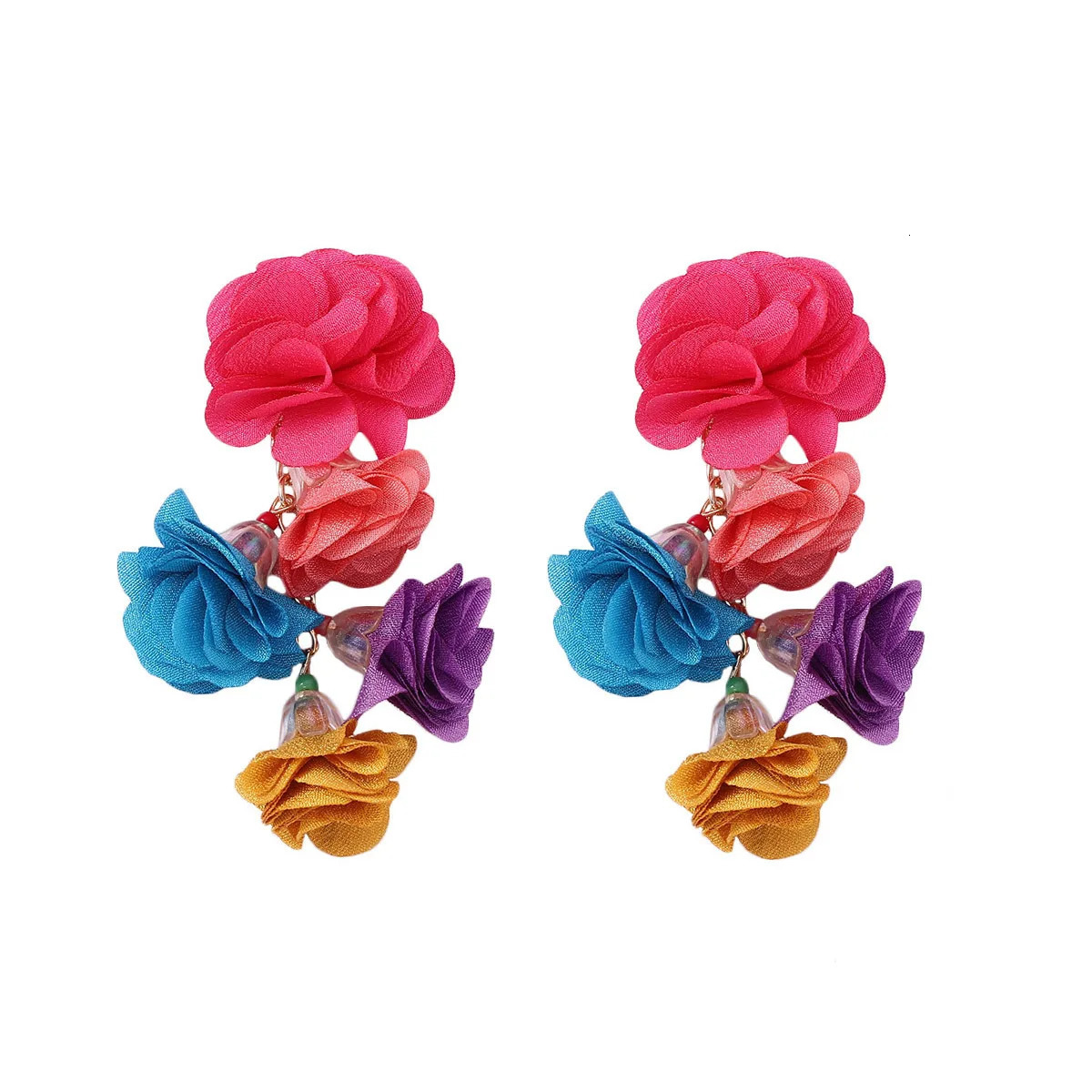 Exaggerated Boho Colorful Cloth Simulation Flowers Tassel Drop DangLe Earrings for Women Floral Eye-catching Statement Jewelry 250610