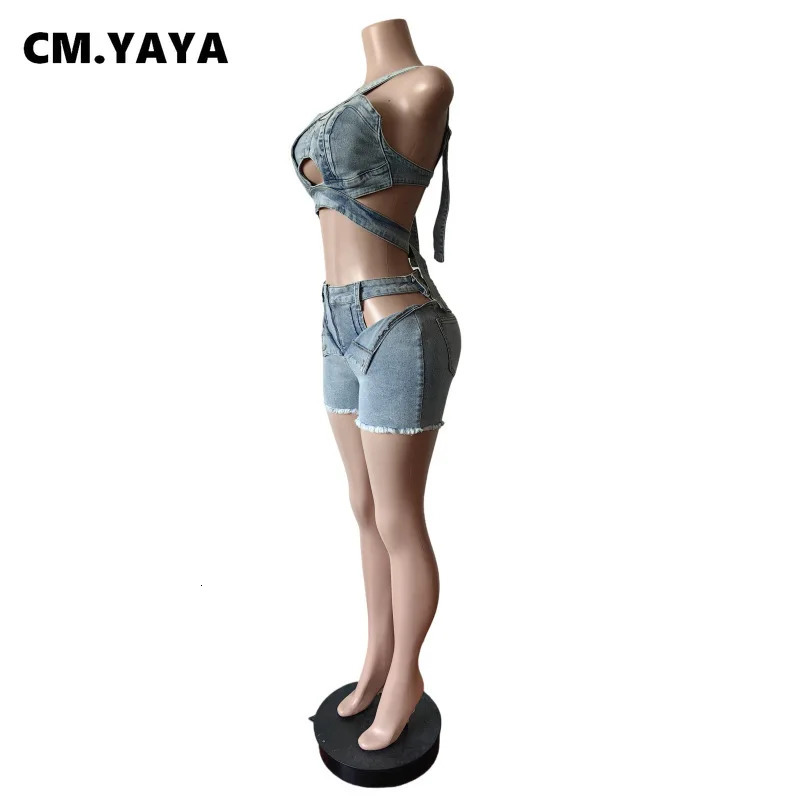 CM.YAYA Fashion Denim Cutout Womens Set Wrap Strap Crop Top and Shorts Jeans 2025 Summer Two 2 Piece Sets Outfits Tracksuit 250614