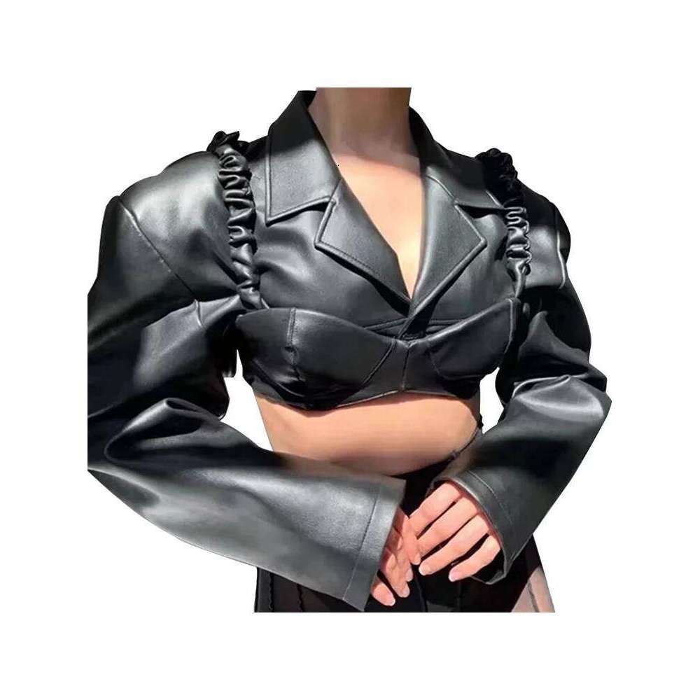 Lautaro Spring Autumn Short Soft Black Pu Leather Jacket Women 2025 Long Sleeve Designer Runway Sexy Fashion Cropped Top
