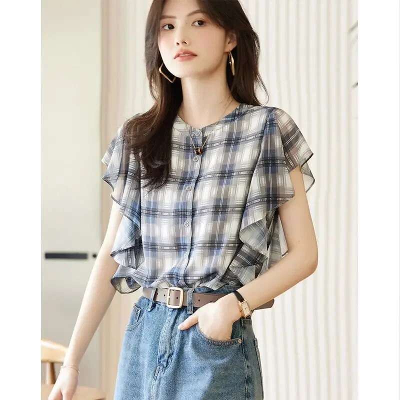 With Short Sleeve Woman Top Ruffle Shirts Blouses for Women Loose Print Frill Korean Popular Clothes New Collection 2025 M Xl